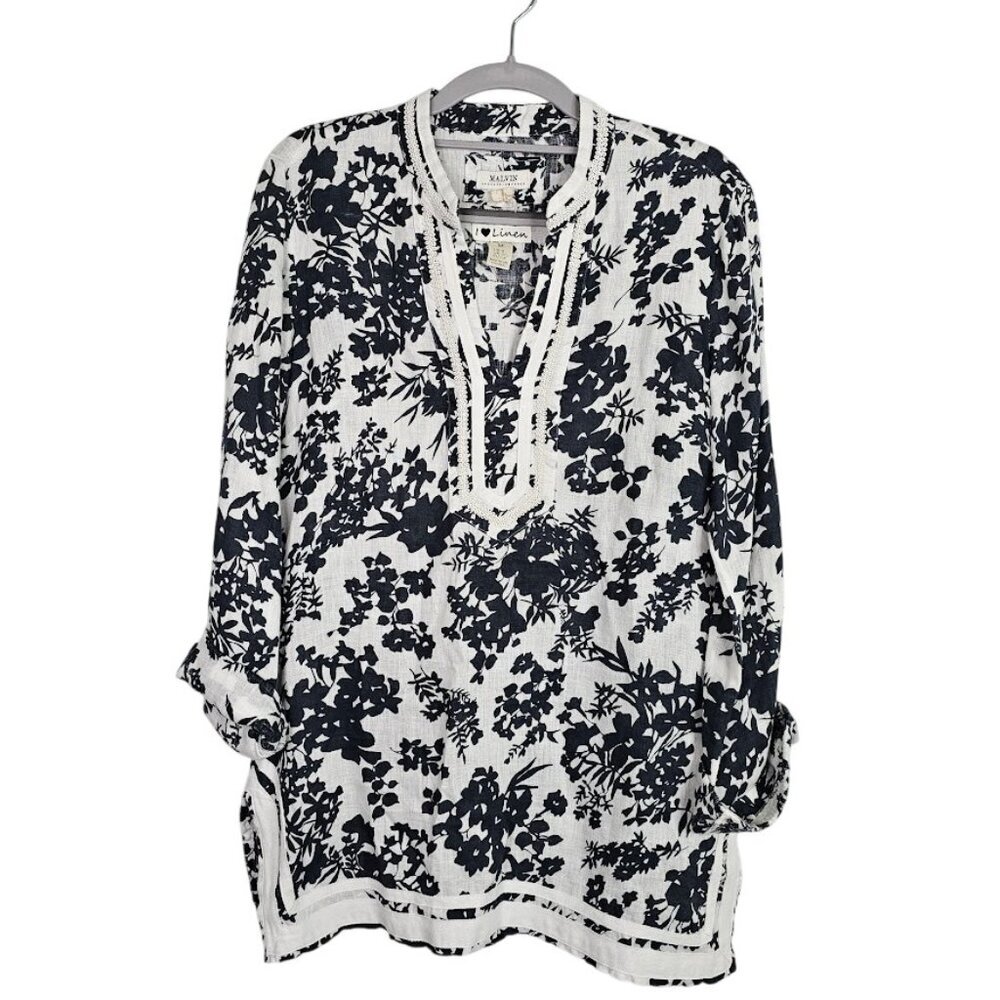Women's MALVIN I Love Linen Tunic Top size M 8 NAVY BLUE & WHITE Floral Boho LS - Picture 1 of 8